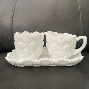 Vintage Westmoreland Milk Glass Large Old Quilt Sugar and Creamer Set on Tray